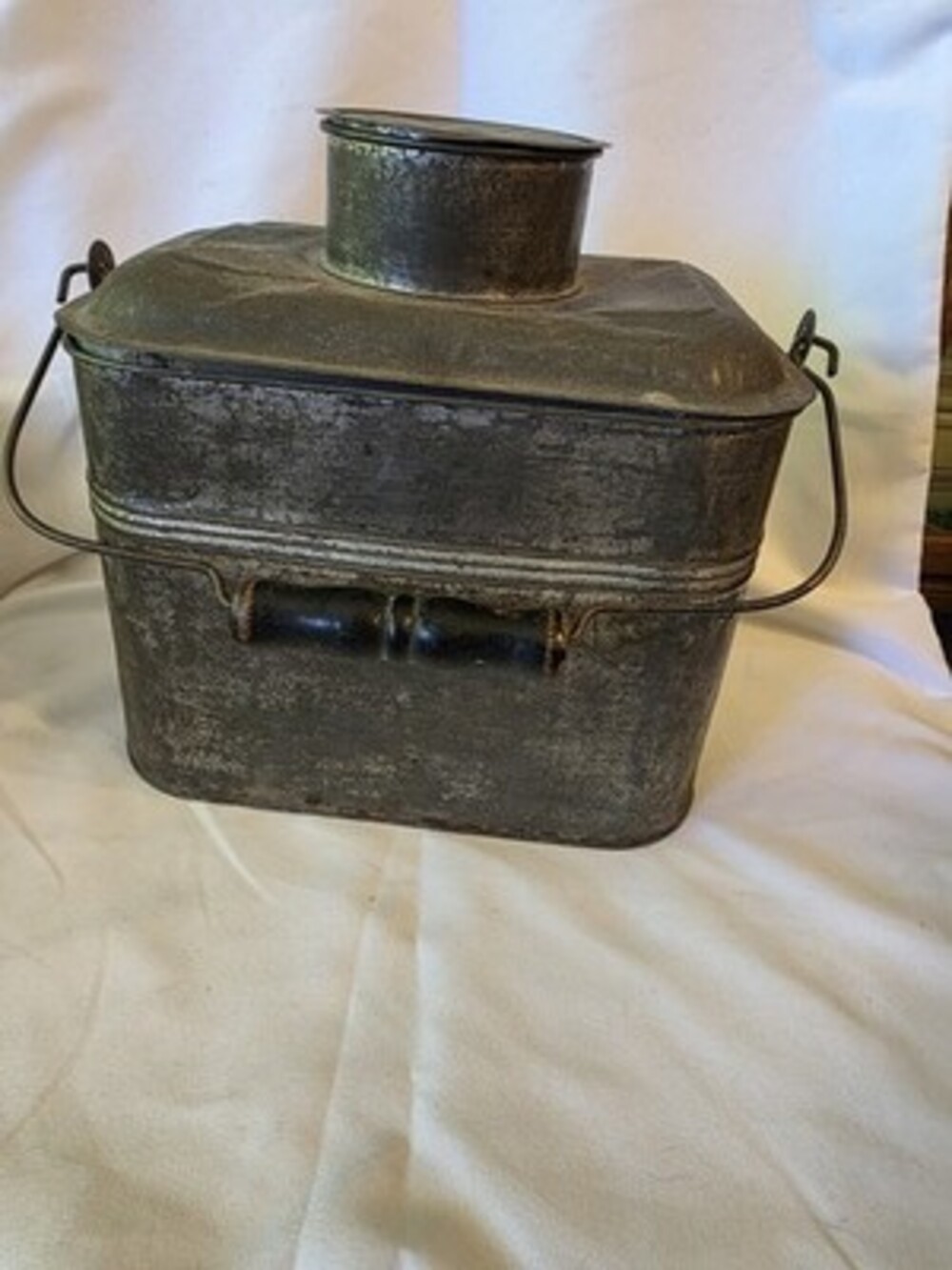 Antique Gray Metal Rectangular lunch Storage Box with Handle & Removable Lid